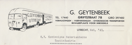 711121 Briefhoofd van een brief van G. Geytenbeek, Verhuizingen, Verpakkingen, Overzeesche Transporten, Bewaarplaats ...
